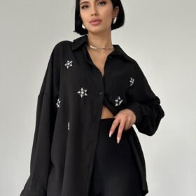Siyah Taş İşlemeli Gömlek