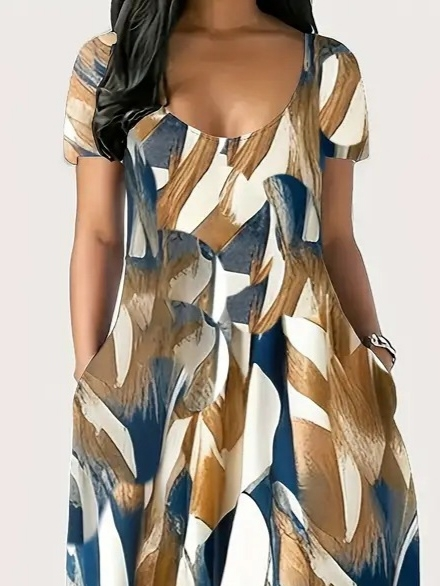 Kadın Kısa Kollu Yuvarlak Yaka Cepli Salaş Baskılı Süprem Elbise - Görsel 2