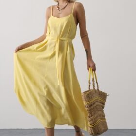 Askılı Basic Uzun Elbise - Sarı
