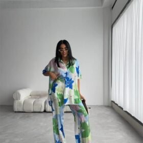 YEŞİL BÜYÜK ÇİÇEK DESEN SATEN GÖMLEK-PANTOLON TAKIM - Yeşil