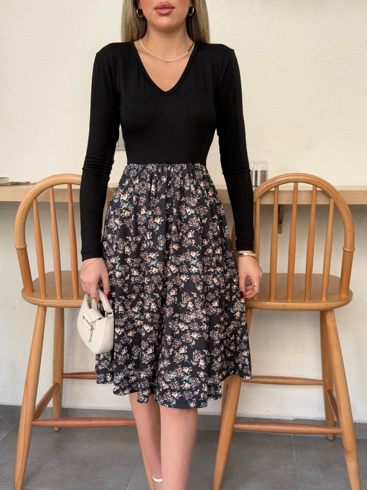 Kadın Uzun Kollu V Yakalı üst Viskon Alt çiçek Desenli Süprem Kısa Elbise - Görsel 3