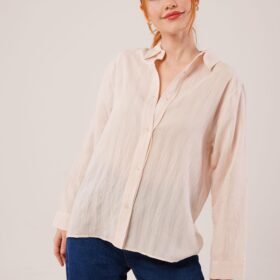 Düğmeli Ve Çizgi Detaylı Krem Gömlek