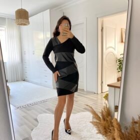 Kadın Uzun Kollu Asimetrik Yaka Süet Ve Deri Mini Boy Elbise