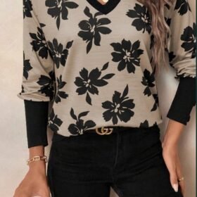 Kadın Uzun Kollu V Yakalı Desenli Süprem Bluz