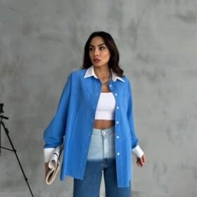 KOL VE MANŞET BEYAZ KAPALI PİLE DETAYLI GÖMLEK - Mavi