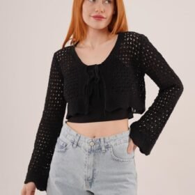 Ön Bağlamalı Ajurlu Crop Siyah Hırka