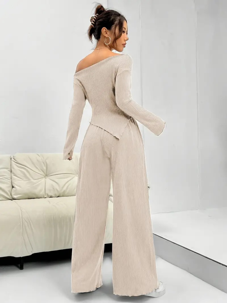 Kadın Uzun Kollu Omuzlardan Açık Asimetrik Kesim Kaşkorse Bluz Ve Pantolon Ikili Pantolon - Görsel 4