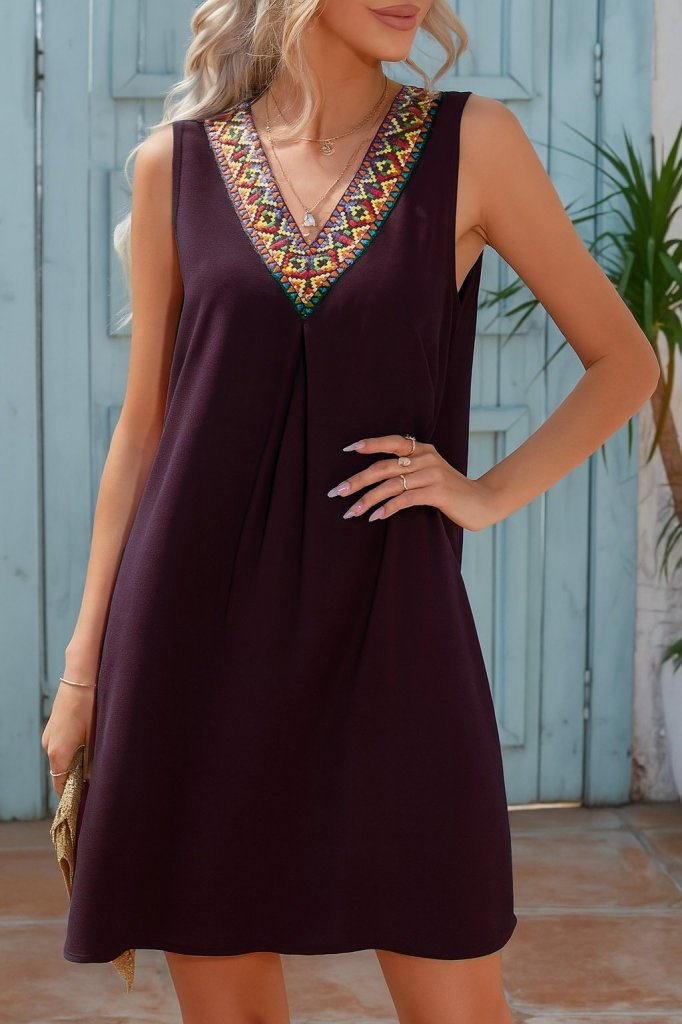 Kadın Sıfır Kol şerit Detaylı V Yaka Viskon Elbise - Görsel 3