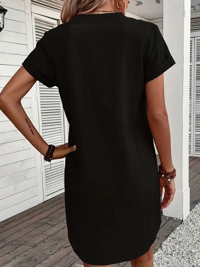 Kadın Kısa Kollu V Yakalı Düğmeli Müslim Kısa Elbise - Görsel 2