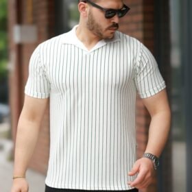 Erkek Yakalı çizgi Desenli Kısa Kollu Tişört