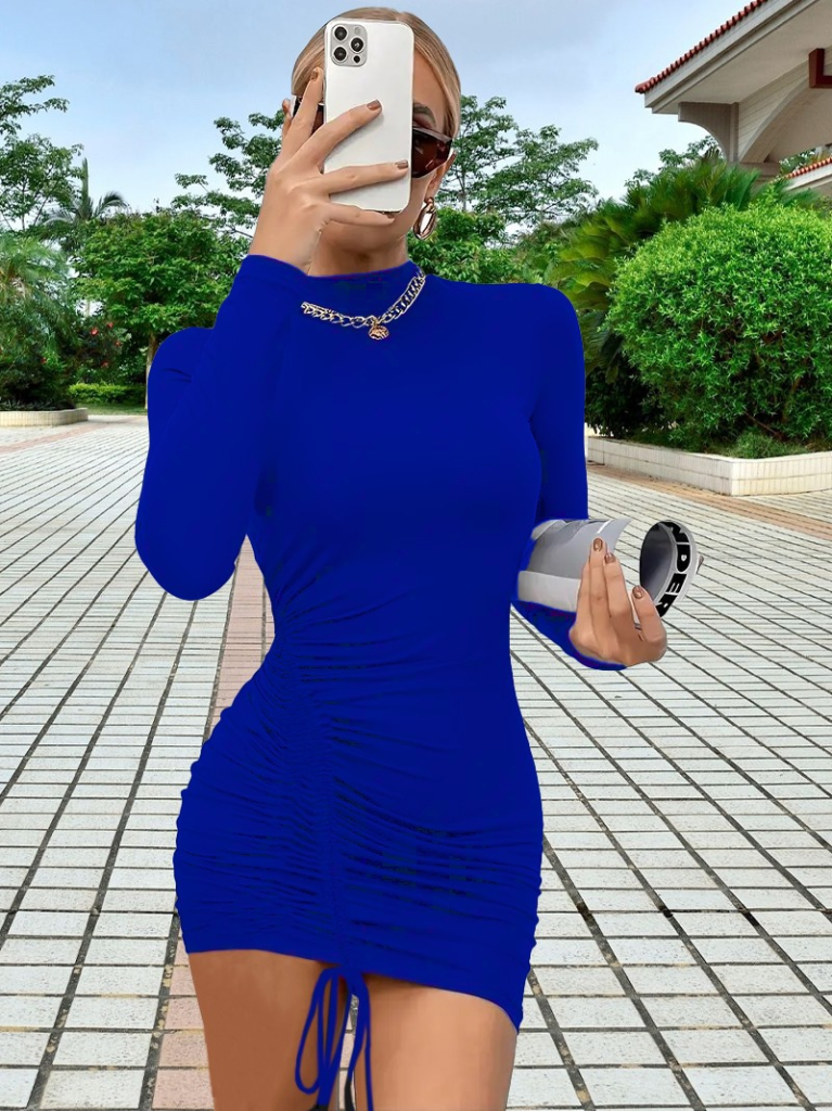 Kadın Uzun Kollu Sağ Belden Sol Etek Ucuna Doğru Hafif çapraz Büzgülü Sandy Mini Boy Elbise - Görsel 4