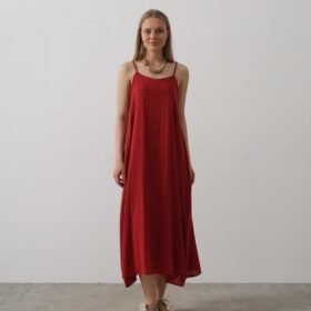 Askılı Uzun Çan Elbise - Bordo