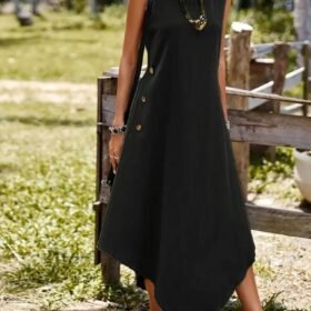 Kadın Askılı Yuvarlak Yaka Düğmeli Asimetrik Kesim Detaylı Ithal Keten Elbise