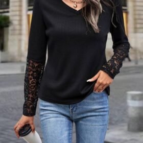 Kadın Uzun Kollu V Yakalı Dantelli Waffle Bluz