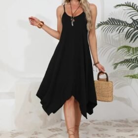 Kadın Ip Askılı Yuvarlak Yakalı Asimetrik Kesim Viskon Elbise