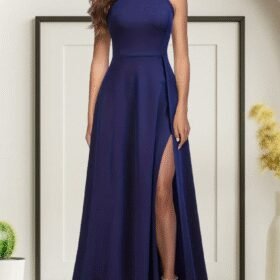 Kadın Halter Yaka Derin Yırtmaç Detaylı Tam Boy Janjan Krep Abiye Elbise