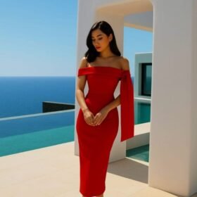 Kadın Dalgıç Krep Kumaş Madonna Yaka Midi Boy Elbise