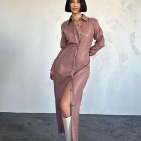 Pudra Boydan Düğmeli Deri Elbise