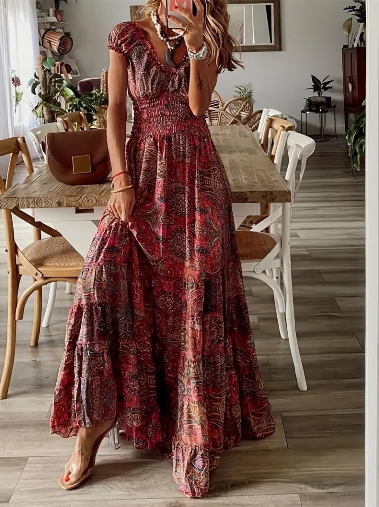 Kadın Kısa Kollu V Yakalı Beli Gipeli Desenli Süprem Maksi Elbise - Görsel 3