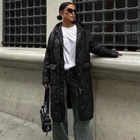 Fermuar Ve Kapşonlu Uzun Kapitone Mont 7062