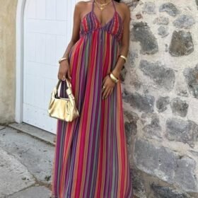 Askılı Pile Detaylı Renkli Maxi Elbise 2748