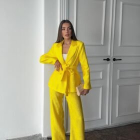 Neon Beli Kuşaklı Ceket Ve Pantolon Parlak Takım