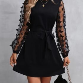 Kadın Uzun Kollu Bisiklet Yaka Kollar Tül Kelebek Detaylı Ithal Krep Elbise