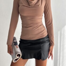 Kadın Sandy Kumaş Degaje Yaka Uzun Kollu Bluz