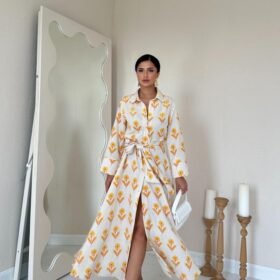 Bej Desenli Ve Önü Düğmeli Keten Elbise