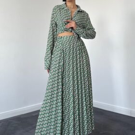 Desenli Viskon Gömlek Ve Etek Takım - Yeşil