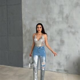 DİZ YIRTIK VARAKLI MOM KOT PANTOLON - Gümüş