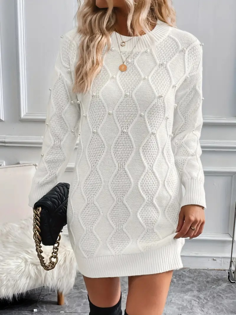 Kadın Uzun Kollu Bisiklet Yaka Desenli Triko Elbise - Görsel 3