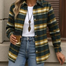 Kadın Uzun Kollu Kare Desenli önden Düğmeli Dokuma Gömlek