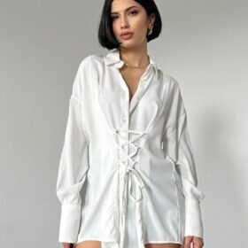 Beyaz Jesica Parçalı Bağcıklı Gömlek