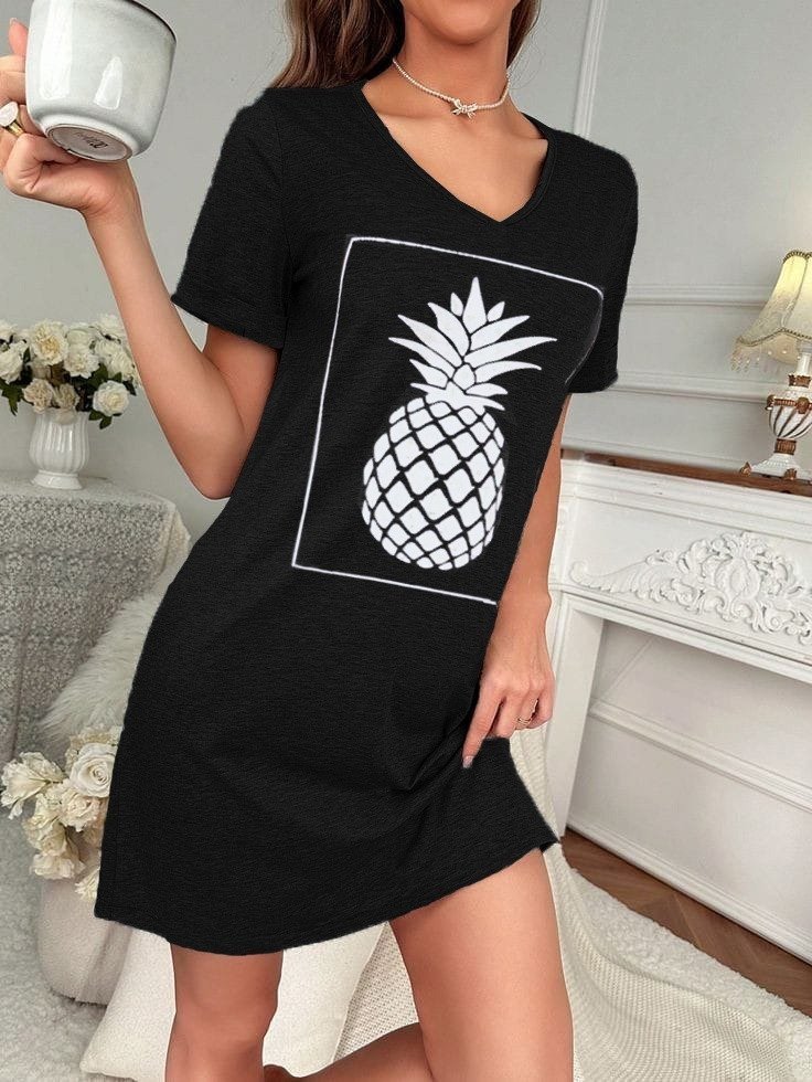 Kadın Ananas Baskılı Kısa Kol Viskon Elbise - Görsel 4