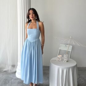 Mavi Boyundan Bağlamalı Keten Elbise