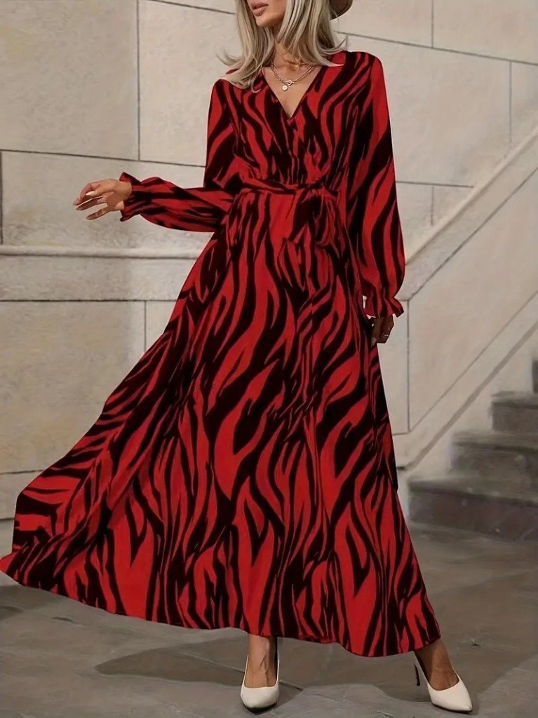 Kadın Uzun Kollu Kruvaze Yakalı Kuşaklı Zebra Desenli Süprem Maxi Elbise - Görsel 3