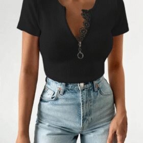 Kadın Beyaz Yaka Dantel Ve Fermuarlı Kaşkorse Bluz