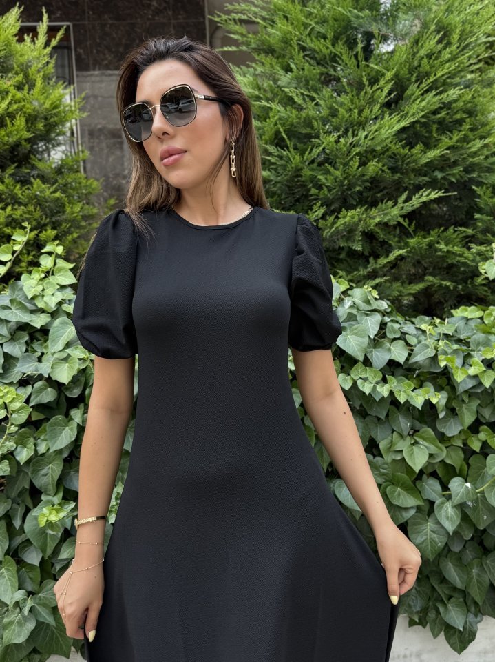 Kadın Kısa Balon Kollu Bisiklet Yaka Geniş Kesim Janjan Krep Elbise - Görsel 3