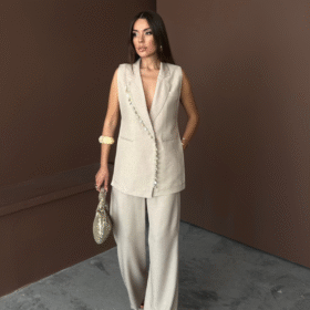 YAKA MİDYE KABUĞU SIRALI YELEK - PANTOLONTAKIM KETEN KUMAŞ - Ham