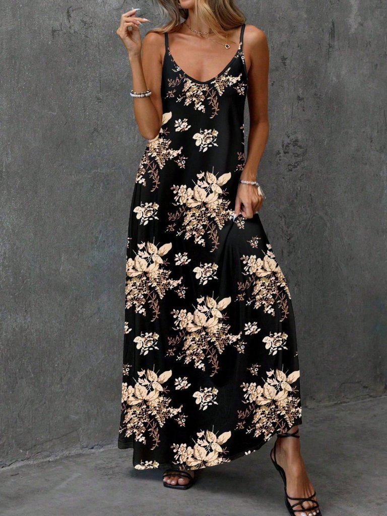 Kadın Ip Askılı V Yakalı çiçek Desenli Süprem Elbise - Görsel 4