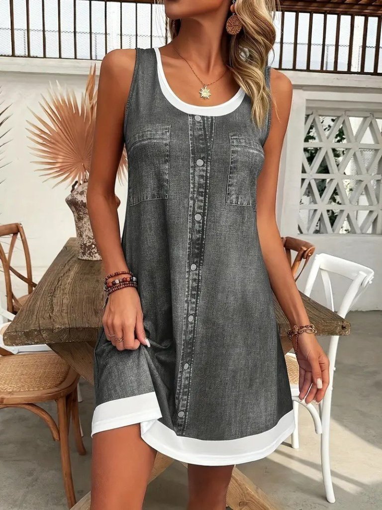 Kadın Askılı Yuvarlak Yakalı Kot Görünümlü Kısa Süprem Elbise - Görsel 3