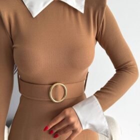 Kadın Uzun Kol Gömlek Yaka Ve Vatka Detay Kemer Dahil Midi Boy Elbise