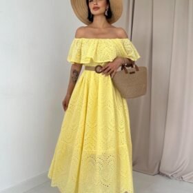 Sarı Omzu Lastikli Brode Elbise