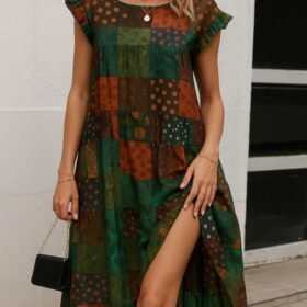 Kadın Kısa Kollu Kolları Fırfırlı Bisiklet Yakalı Kare Desenli Elbise