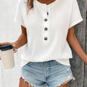 Kadın Kısa Kollu Yakası Açık önden Düğmeli Waffle Bluz