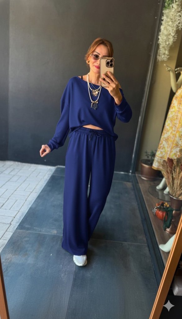 Kadın Uzun Kollu Tek Omuzdan Açık Viskon Iki Iplik Bluz Ve Pantolon Ikili Takım - Görsel 2