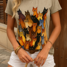 Kadın Kısa Kollu Bisiklet Yaka Kedi Desenli Süprem Bluz