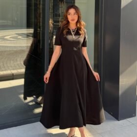 Kadın Kısa Kollu Bisiklet Yaka Maksi Boy Ithal Krep Elbise