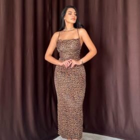 Leopar Sırt Detaylı Leopar Desenli Saten Elbise